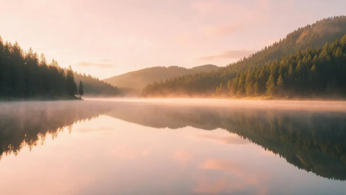 A still lake at dawn with soft mist