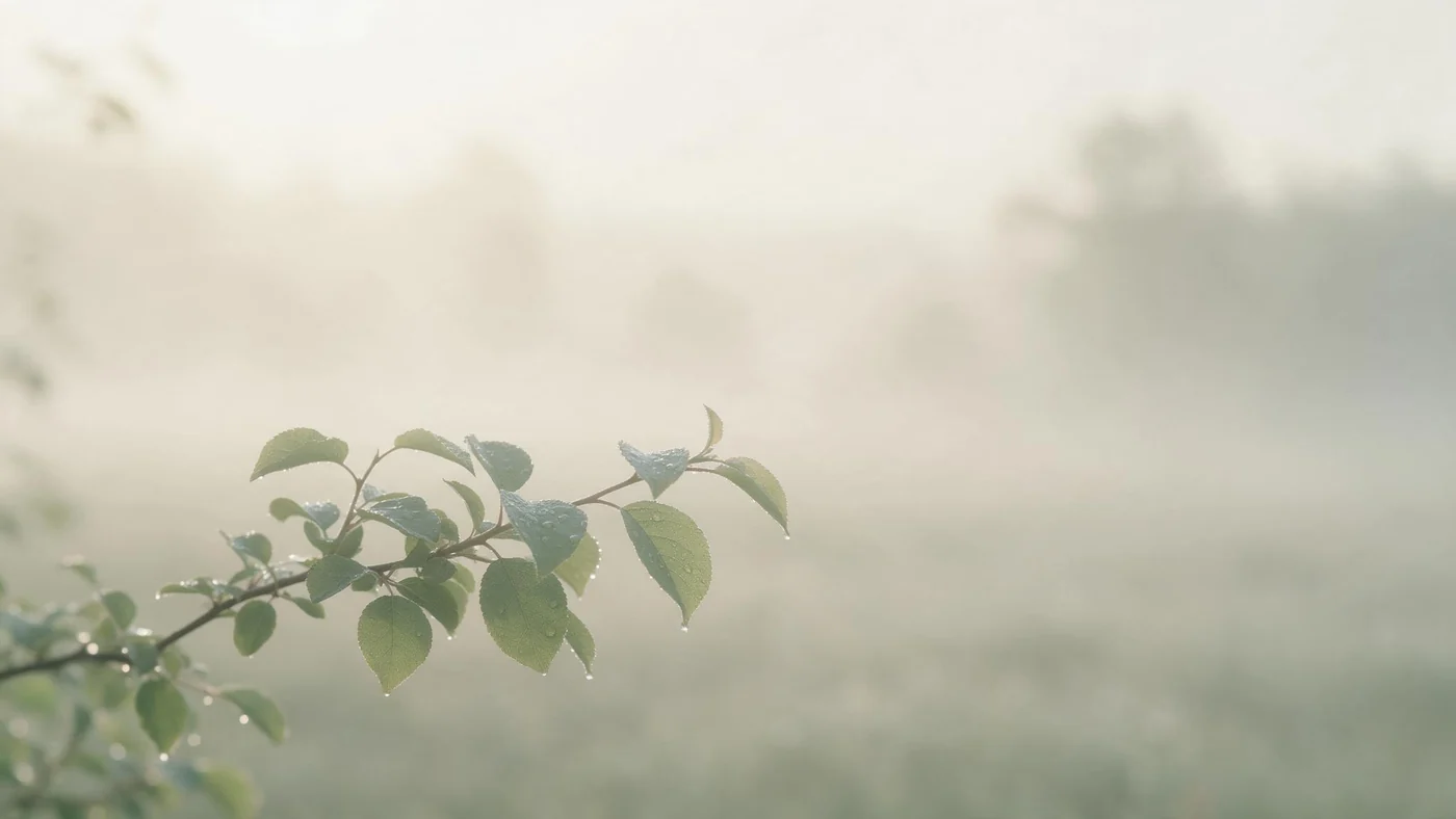 Soft green leaves in morning mist