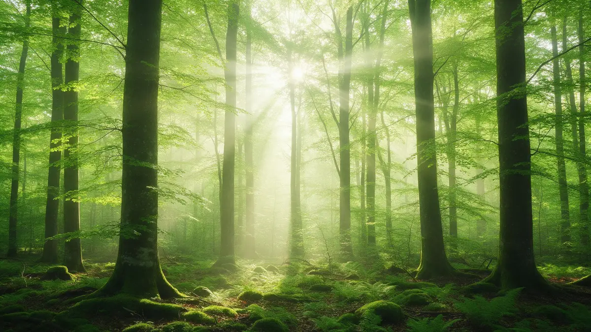 Soft morning light through quiet woodland